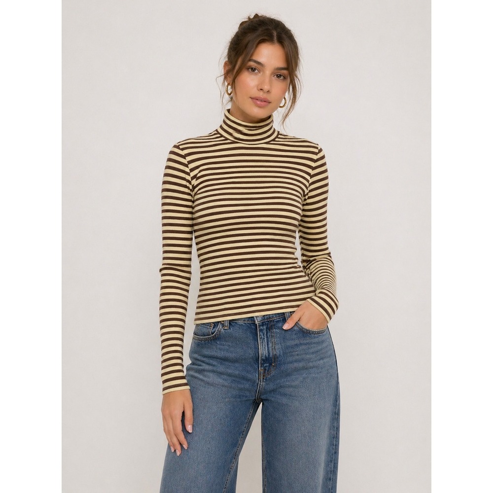 Gimaguas Turtleneck Top Womens Small Brown Yellow Striped Retro French Girl Chic